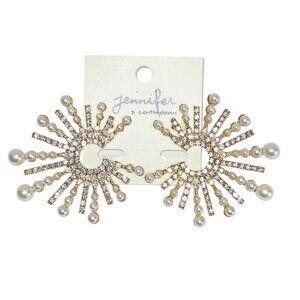 WOMEN'S GOLD PEARL & CRYSTAL SUNBURST PIERCED EARRINGS